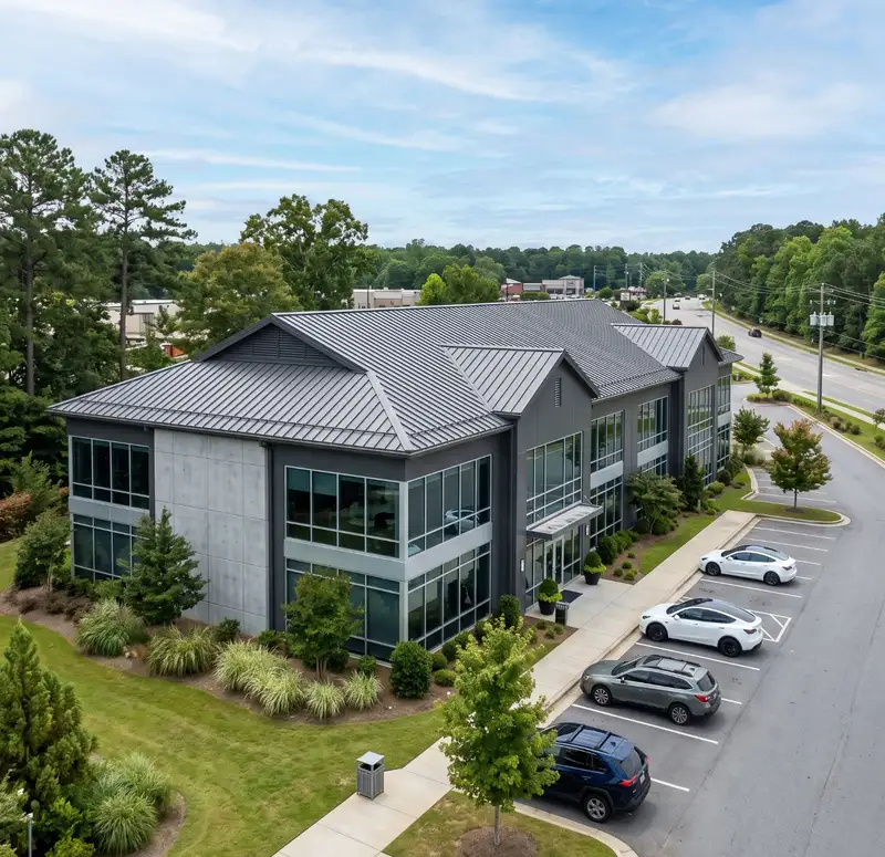 Two-story commercial building with a gray standing seam metal roof