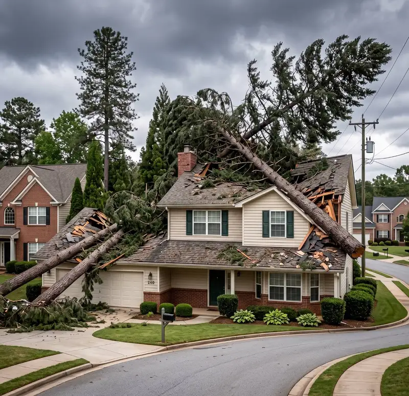 Fallen pine trees on a house roof after a storm