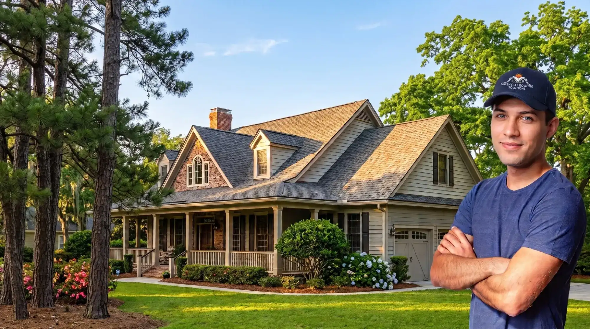 Roofing contractor with arms crossed in front of a home with a new shingle roof