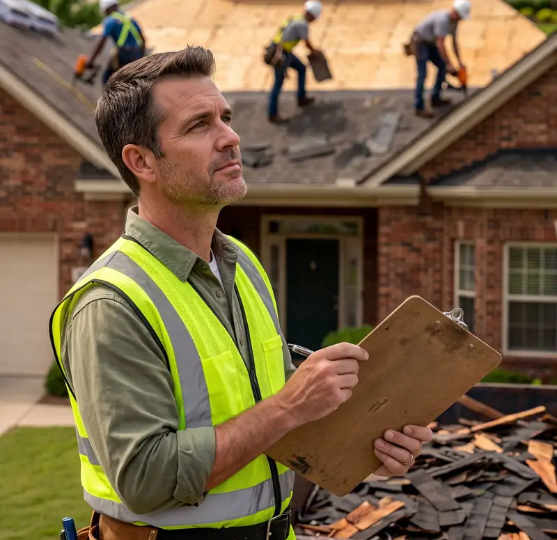 Roof inspector with a clipboard while a crew works on the roof behind him