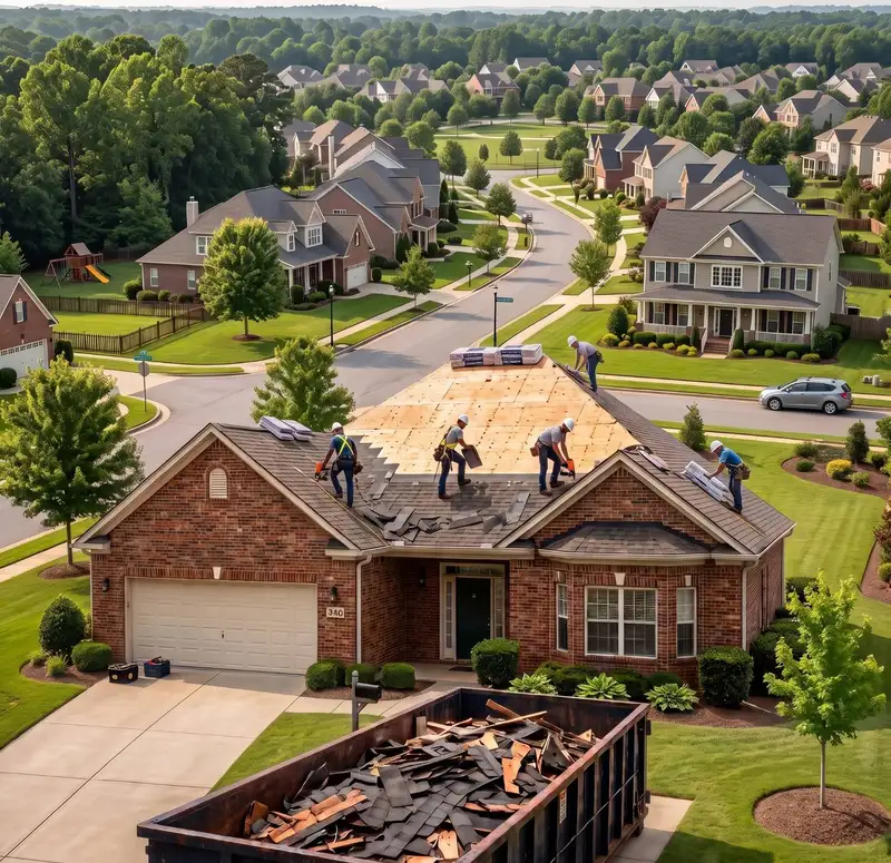 Roofing crew replacing the roof on a brick home, with a dumpster of old shingles in front