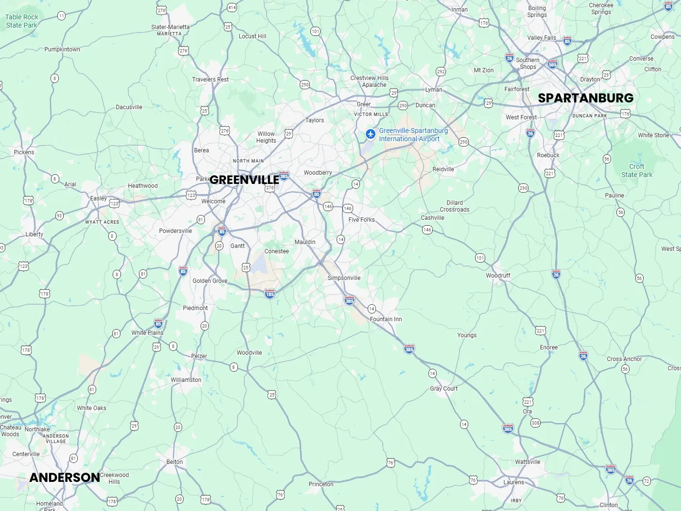 Map of the Upstate South Carolina area we serve, from Anderson and Easley through Greenville to Spartanburg